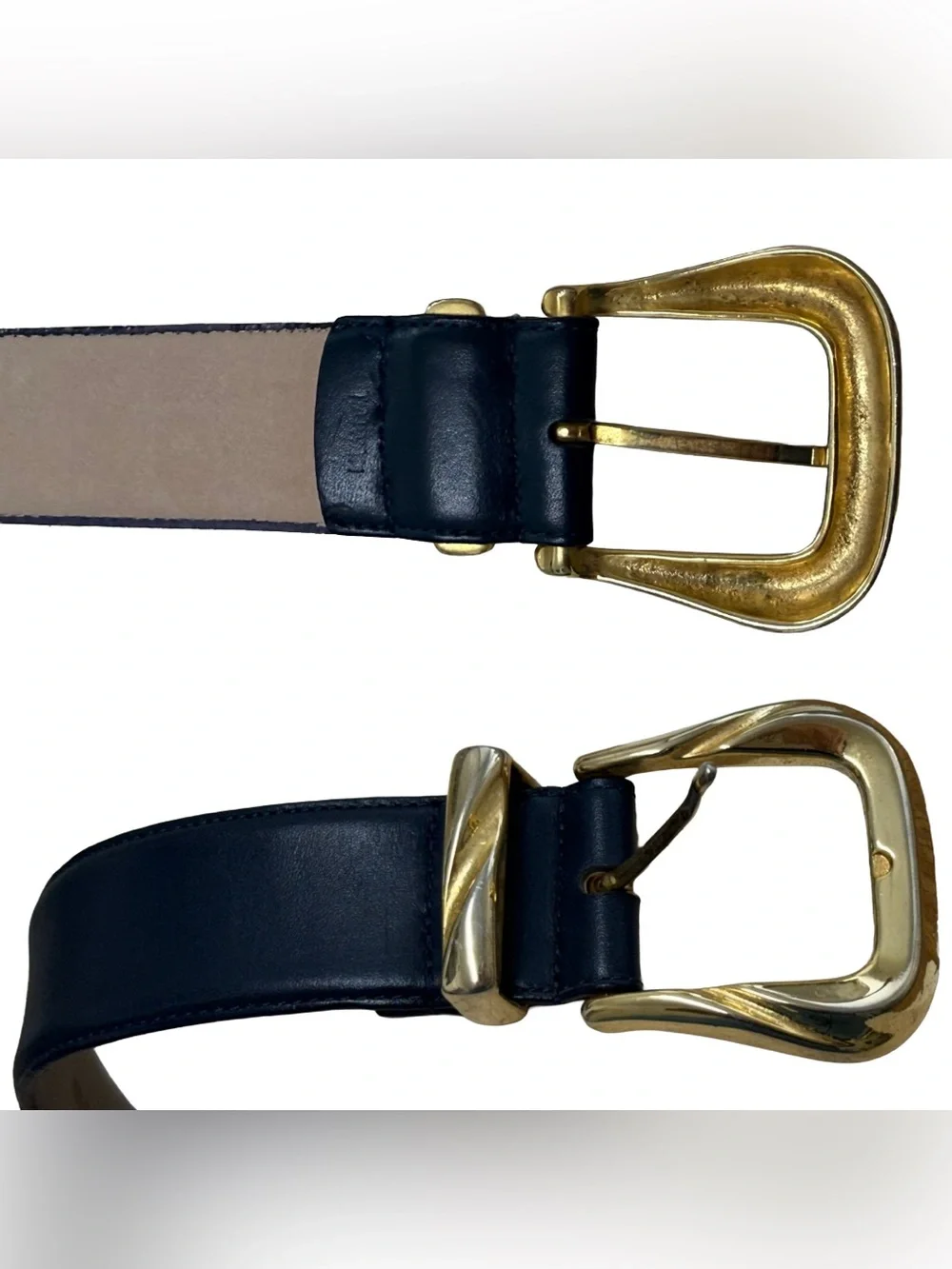 Vintage Navy Blue Faux Leather Gold Buckle Belt